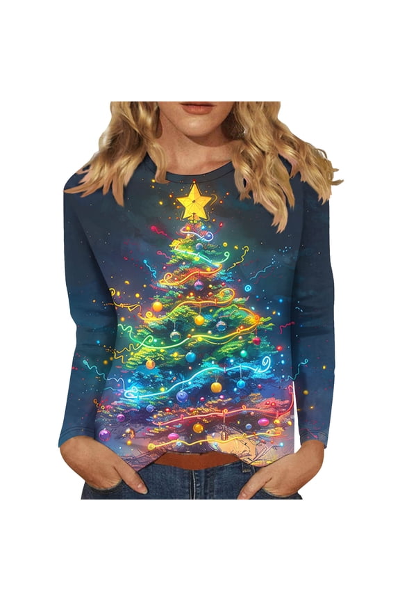 Ladies Tops and Blouses Cute Xmas Long Sleeve Xmas Trees Print Basic Sweatshirt Round Neck Pullover Business Family Tee Tops