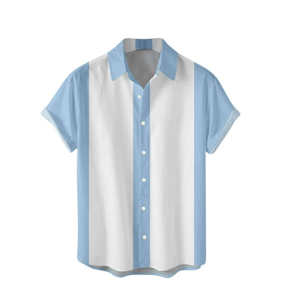 Dreluolixuan Mens Shirts Short Sleeve Hawaiian Botton Down Tee Tops Short Sleeve Blouses Lapel Tees Stripe Vintage Tops Regular Fit T Shirt Summer Blue M