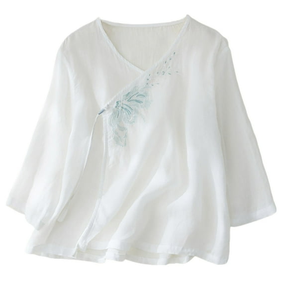 Dreluolixuan Oversized T Shirts for Women Graphic Tee 3/4 Sleeve Tee Tops V Neck Blouses Embroidery Tees Solid Color Shirts Vintage 2024 Fashion Trendy Clothing White 2XL