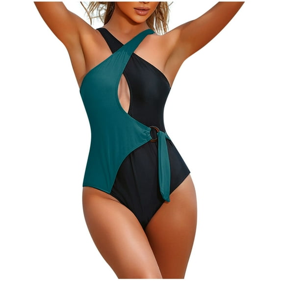 Dreluolixuan Plus Size Swimsuit for Women One Piece Halter Wrap Swimsuit Padded Color Block Bathing Suit Backless Beach Casual Swimwear