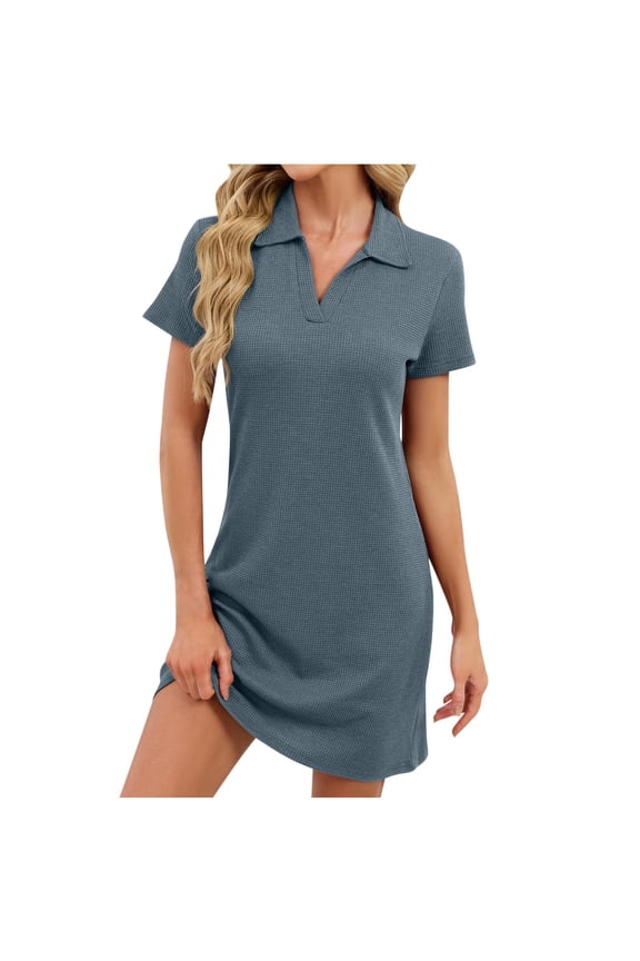 Short Sleeve Dress Lapel Short Sleeve Tunic Flowy Nightgown Solid Breathable Dress H Line Beach Loungwear