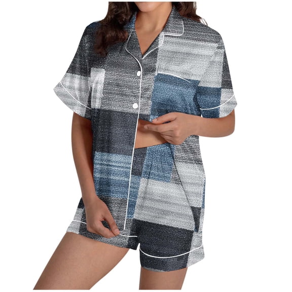 Dreluolixuan Soft Pajamas for Women Short Sleeve Collar Shirt Elastic Waist Pants Graphic Fall His and Hers Loungewear with Pocket