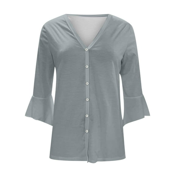 Dreluolixuan Spring Cardigans for Women 3/4 Sleeve Cardigan Bell Sleeves Button Down Kimono V Neck Extra Soft Open Front Cover Ups Solid Color Outerwear Tops Gray L