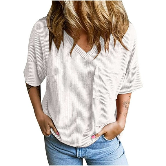 Dreluolixuan Spring Shirts for Women 2024 for Work Short Sleeve Tees V Neck Blouses Solid Color Knit Tops Oversized with Pocket Pullover 2024 Fashion Trendy Clothing White S