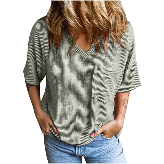 Dreluolixuan Spring Shirts for Women 2024 for Work Short Sleeve Tees V Neck Blouses Solid Color Knit Tops Oversized with Pocket Pullover 2024 Fashion Trendy Clothing Gray XL