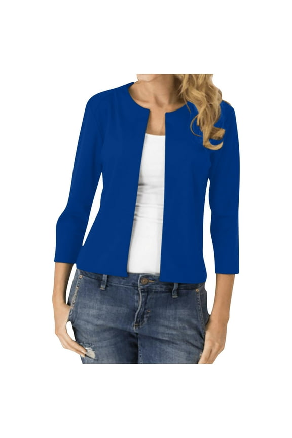 Summer Blazer Women 3/4 Sleeve Cardigan Crew Neck Casual Business Kimono Slim Fitted Open Front Cover Ups Solid Color Collarless Outerwear Work Jacket Tops Blue M
