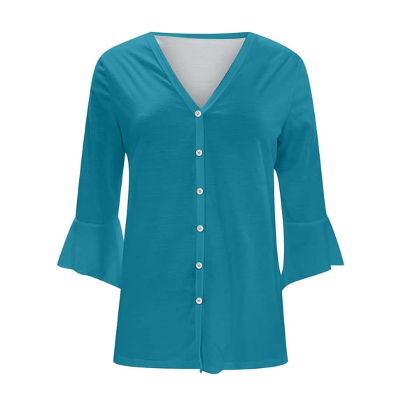 Dreluolixuan Summer Cardigans for Women 3/4 Sleeve Cardigan Bell Sleeves Button Down Kimono V Neck Extra Soft Open Front Cover Ups Solid Color Outerwear Tops Blue XL