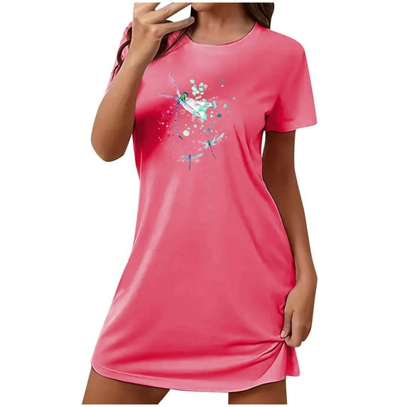 Dreluolixuan Summer Pajamas for Women Short Lightweight Loose Nightgown Crew Neck Short Sleeve Sleep Dress Graphic Breathable Sleepwear