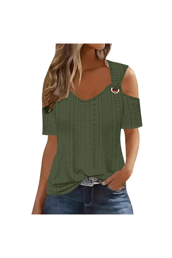 Summer Shirts for Women Medium Short Sleeve Tees Scoop Neck Blouses Solid Color Front Ring Tops Pullover Casual Summer Vacation 2024 Fashion Trendy Clothing Green M