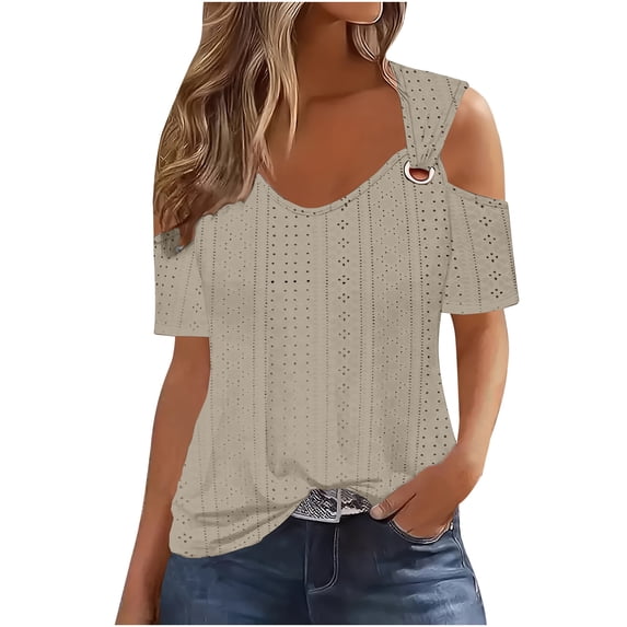 Dreluolixuan Summer Shirts for Women Medium Short Sleeve Tees Scoop Neck Blouses Solid Color Front Ring Tops Pullover Casual Summer Vacation 2024 Fashion Trendy Clothing Brown 2XL