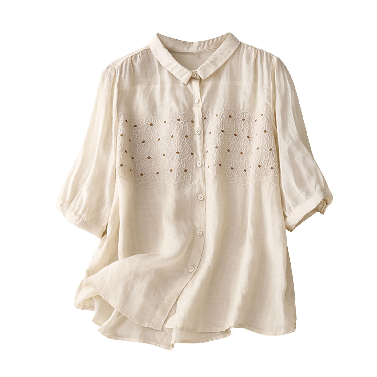 Dreluolixuan White Linen Shirt Women Beach Half Sleeve Tees Lapel