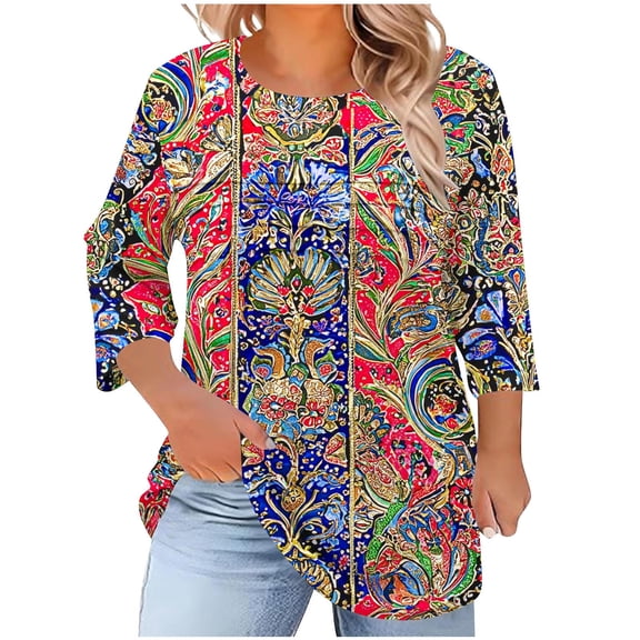 Dreluolixuan Women Plus Size Tops 3/4 Sleeve Crew Neck LooseTee Pleat Soft Lightweight Tshirts Breathable Trendy Clothes