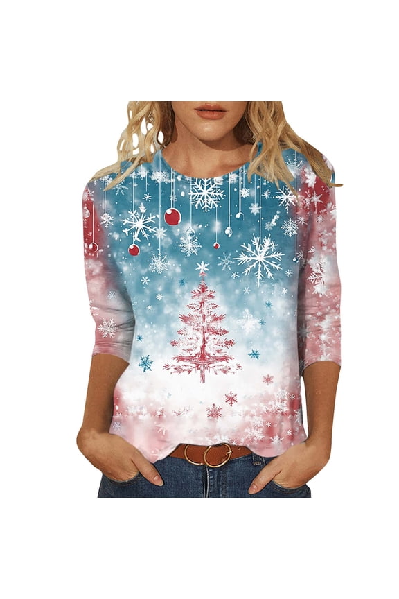 Women's Blouse Funny Christmas 3/4 Sleeve Snowflake Print Basic Sweatshirt Round Neck Pullover Casual Winter Tee Tops