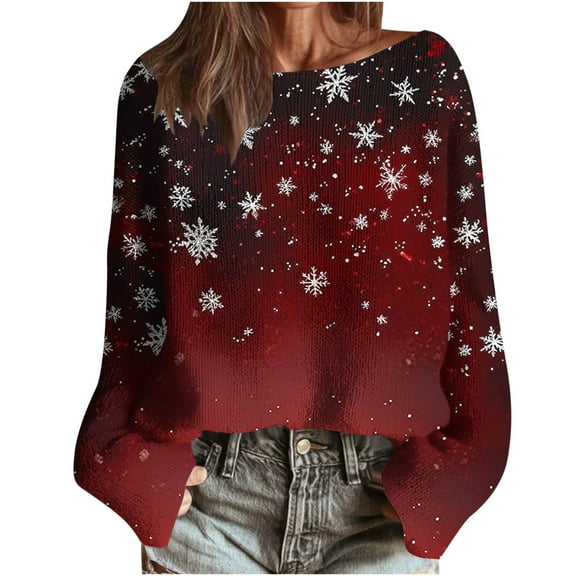 Dreluolixuan Women's Pullover Sweaters Cute Xmas Long Sleeve Snowflake Print Basic Blouses Round Neck Pullover Work Family Tee Tops