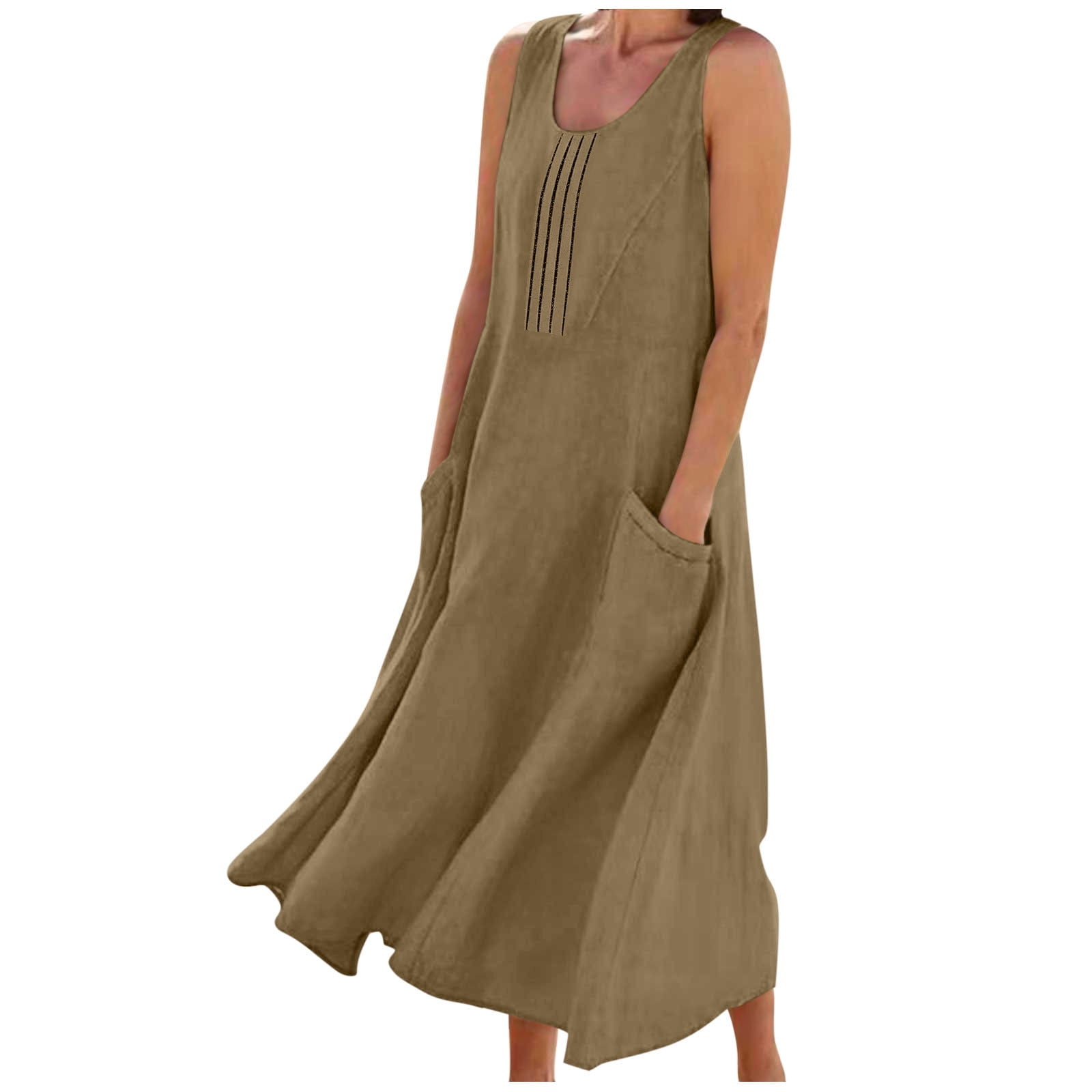 Dreluolixuan Womens Athletic Dress Linen Blend Crew Neck Sleeveless Shirred Tunic Flowy with Pocket Solid Soft Dress Elegant Holiday Loungwear
