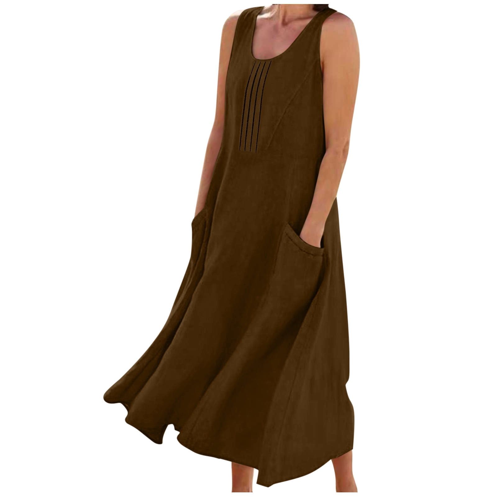 Dreluolixuan Womens Athletic Dress Linen Blend Crew Neck Sleeveless Shirred Tunic Flowy with Pocket Solid Soft Dress Elegant Holiday Loungwear