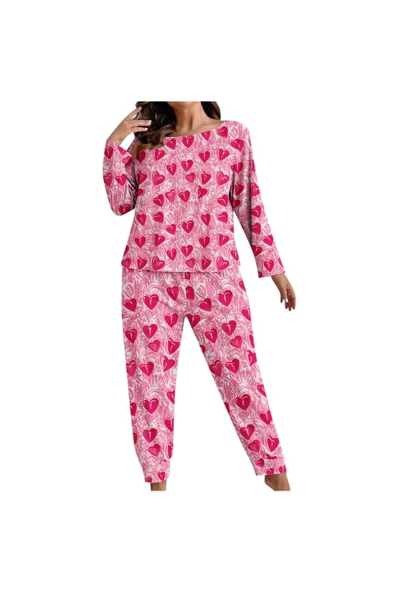 Womens Bamboo Pajamas Set Long Sleeve Soft Top Elastic Waist Pants Heart Printed Winter Warm Cozy Nightwear
