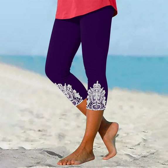 Dreluolixuan Womens Capri Leggings High Waist Pants Butt Lifting Stretch Slimming Trousers Lace Trim Patchwork Scrunch Pants Workout Gym Running Yoga Pants Solid Color Pants Purple M