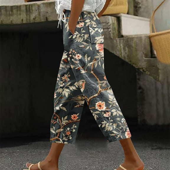 Dreluolixuan Womens Capri Pants Elastic Waist Straight Leg Pants Casual Loose Drawstring Waist Trousers High Waist Retro Floral Print Pants Cropped Pants with Pocket Pants Multi-color XL