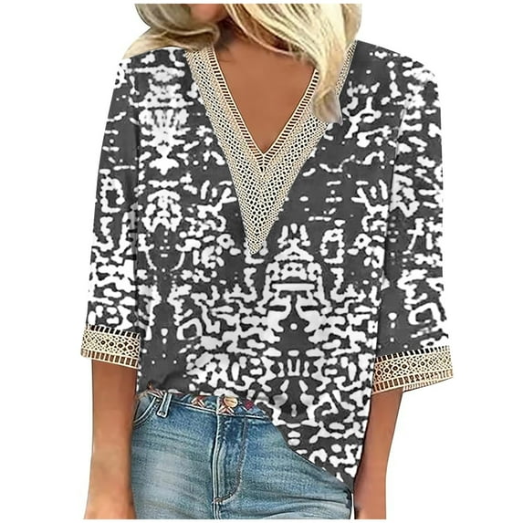 Dreluolixuan Womens Casual Tops 3/4 Sleeves Tees V Neck Blouses Graphic Vintage Shirts Lace Trim Patchwork Pullover Casual Summer Vacation 2024 Fashion Trendy Clothing Gray 3XL