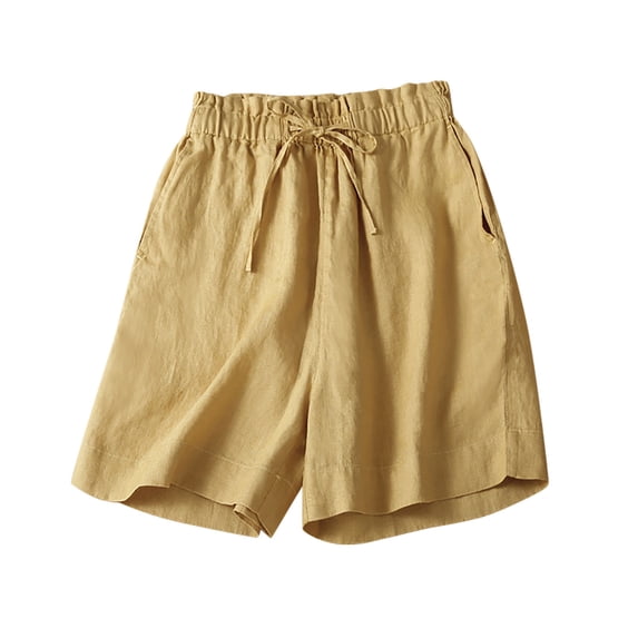Dreluolixuan Womens Cotton Linen Shorts High Waist Shorts Wide Leg Pants with Pocket Solid Color Shorts Loose Fit 10 Inch Bermuda Shorts Elagant Work Shorts Yellow M