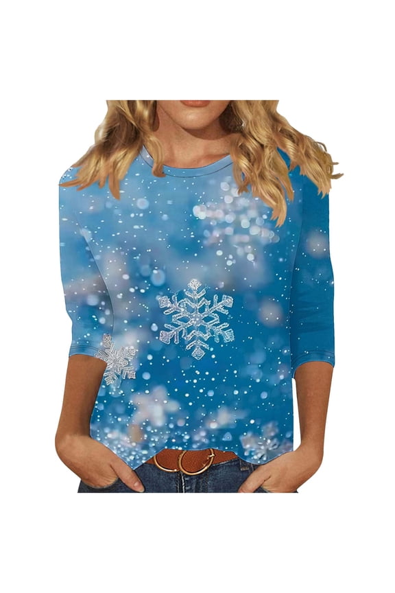 Womens Long Sleeve Blouses Cute Xmas Long Sleeve Snowflake Print Basic Sweatshirt Round Neck Pullover Work Winter Tee Tops
