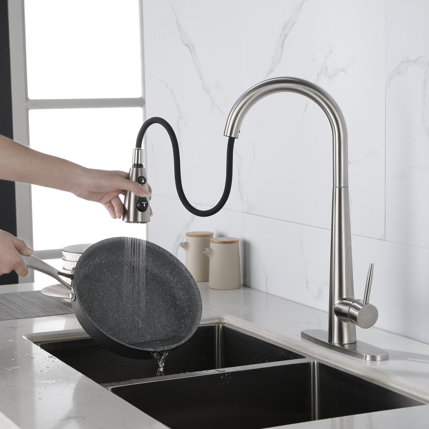 Pull-Down Kitchen Faucet With Splash-Proof Sprayer - Brushed Nickel, 24" Hose, 3 Spray Modes
