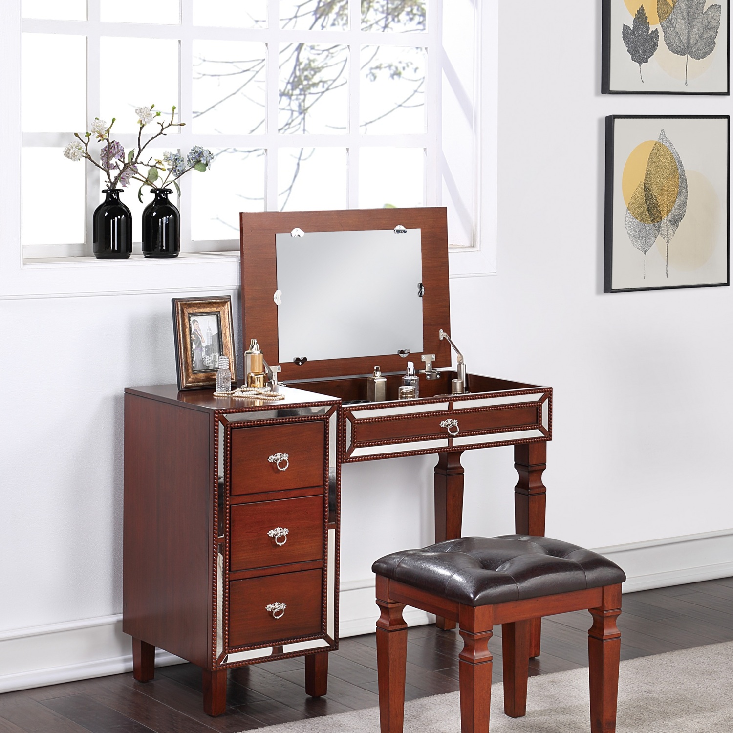 DremFaryoyo Traditional Formal Black Color Vanity Set w Stool Drawers