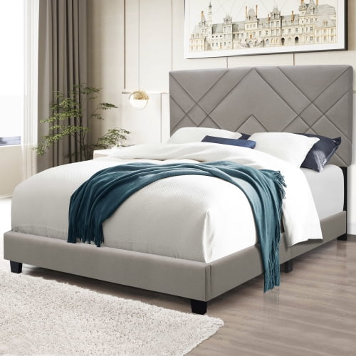 DremFaryoyo WHITE QUEEN SIZE UPHOLSTERED BED FRAME WITH ADJUSTABLE HEADBOARD CHENILLE FABRIC