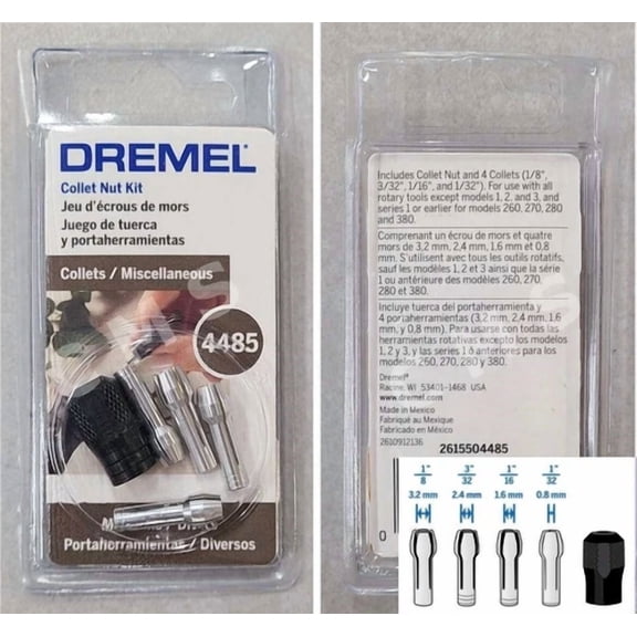 Dremel 4485 Drill Chuck Collet Nut Adapter Kit 5-Piece Quick Change 1/8" 3/32"