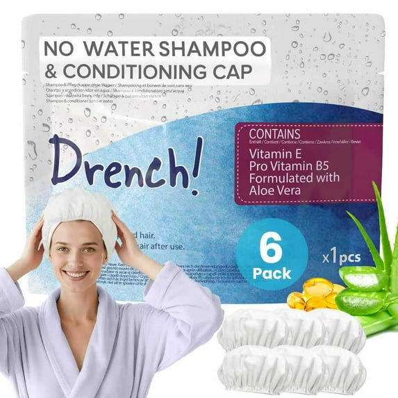 Drench Shampoo Caps No Rinse - Waterless Cap and Conditioner Dry Hair Wash for Elderly or Bedridden Contains Aloe Vera, Vitamin E Provitamin B5-6 Counts