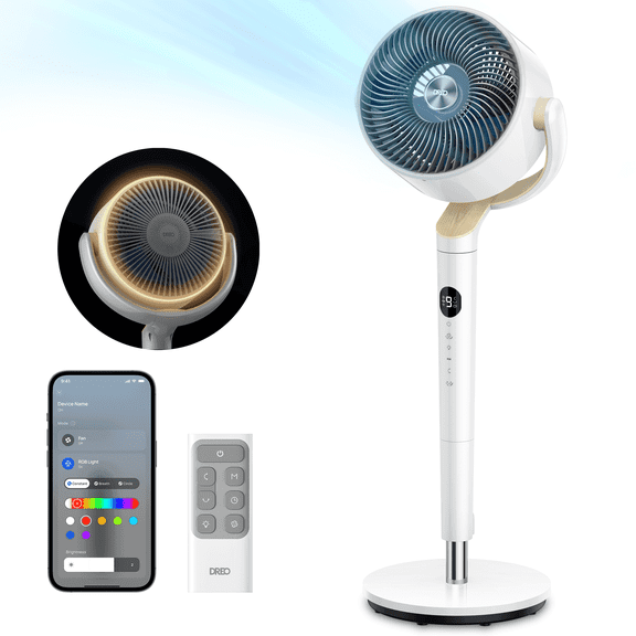 Dreo Smart Fan for Bedroom, 120 +120 Omni-Directional Oscillating Fans, 90ft Quiet Pedestal Fan with RGB Light, 9 Speeds, 6 Modes, 20dB, 8H Timer, Wi-Fi/Voice/Alexa, 37-42" Floor Fans with Remote