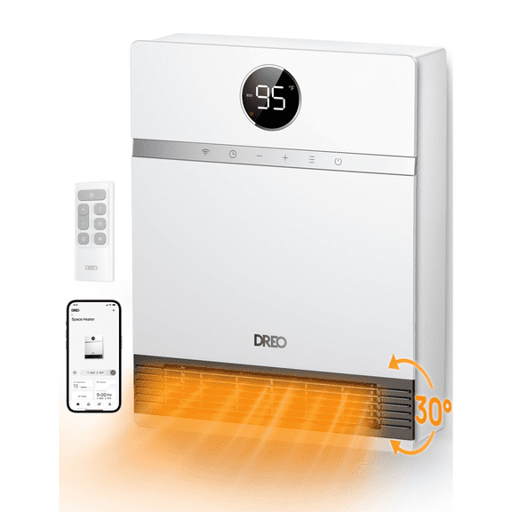 DREO Smart Wall Heater, IP24 Electric PTC Space for Indoor Use, 30 Oscillation, Adjustable Thermostat, Remote Control, Works With Alexa, 24H Timer, Easy-Mounted for Bedroom, Office