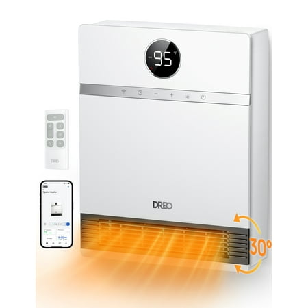 Dreo Smart Wall Heater, IP24 Electric PTC Space Heater for Indoor Use, 30° Oscillation, Adjustable Thermostat, Remote Control, Works with Alexa, 24H Timer, Easy-mounted Heater for Bedroom, Office