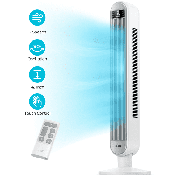 Dreo Tower Fan for Bedroom, 42 Inch Bladeless Fan, 90° Oscillating Fan, Quiet Floor Fan with Remote, LED, 6 Speeds, 4 Modes, 12H Timer, Standing Fans for Home Living Room Office, White