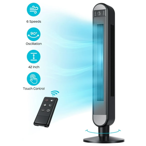 Dreo Tower Fan for Bedroom, 42 Inch Bladeless Fan, 90 Oscillating Fan, Quiet Floor Fan with Remote, LED, 6 Speeds 4 Modes, 12H Timer, Standing Fans for Home Living Room Office