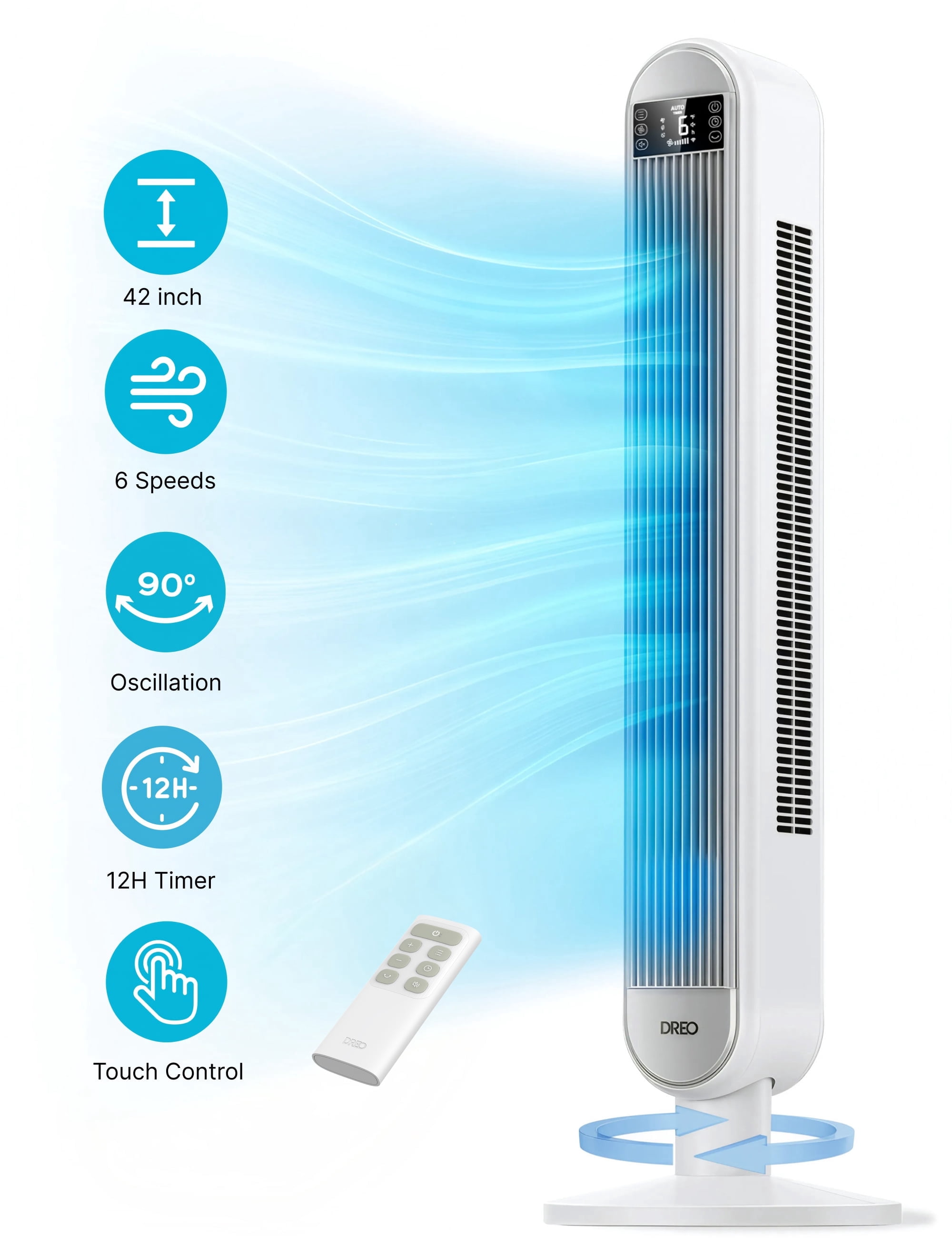 DREO 42" Tower Fans for home, Standing Bladeless Fan with Remote, 90° Oscillating Fan with LED Display, 12H Timer, 6 Speeds, 4 Modes, 26 ft/S High Velocity, 28dB Ultra Quiet Bedroom Fans, White