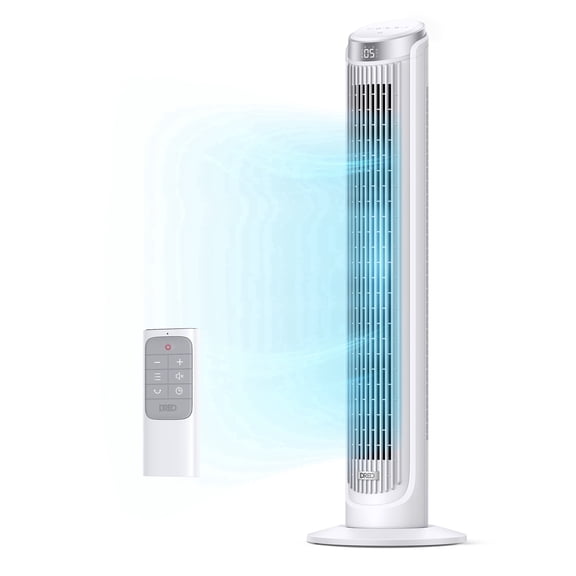 DREO Tower Fan for Home 40 inch, 90° Oscillating Bladeless Fan with Remote, 5 Speeds, 4 Modes, 12H Timer, LED Display with Touch Control, Quiet Floor Fan for Bedroom, White