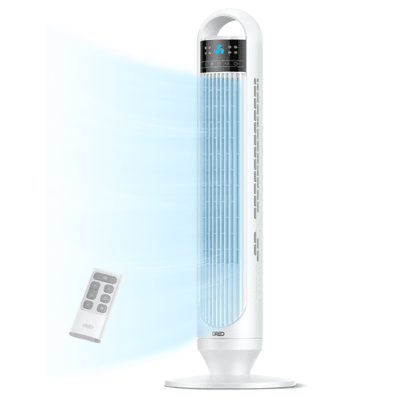 Dreo Tower Fans for Home, 32" Standing Floor Fan, 26 ft/s Bladeless Fan with Remote, 90° Oscillating, 3 Modes, 3 Speeds, LED Display, 8H Timer, Quiet Room Fan