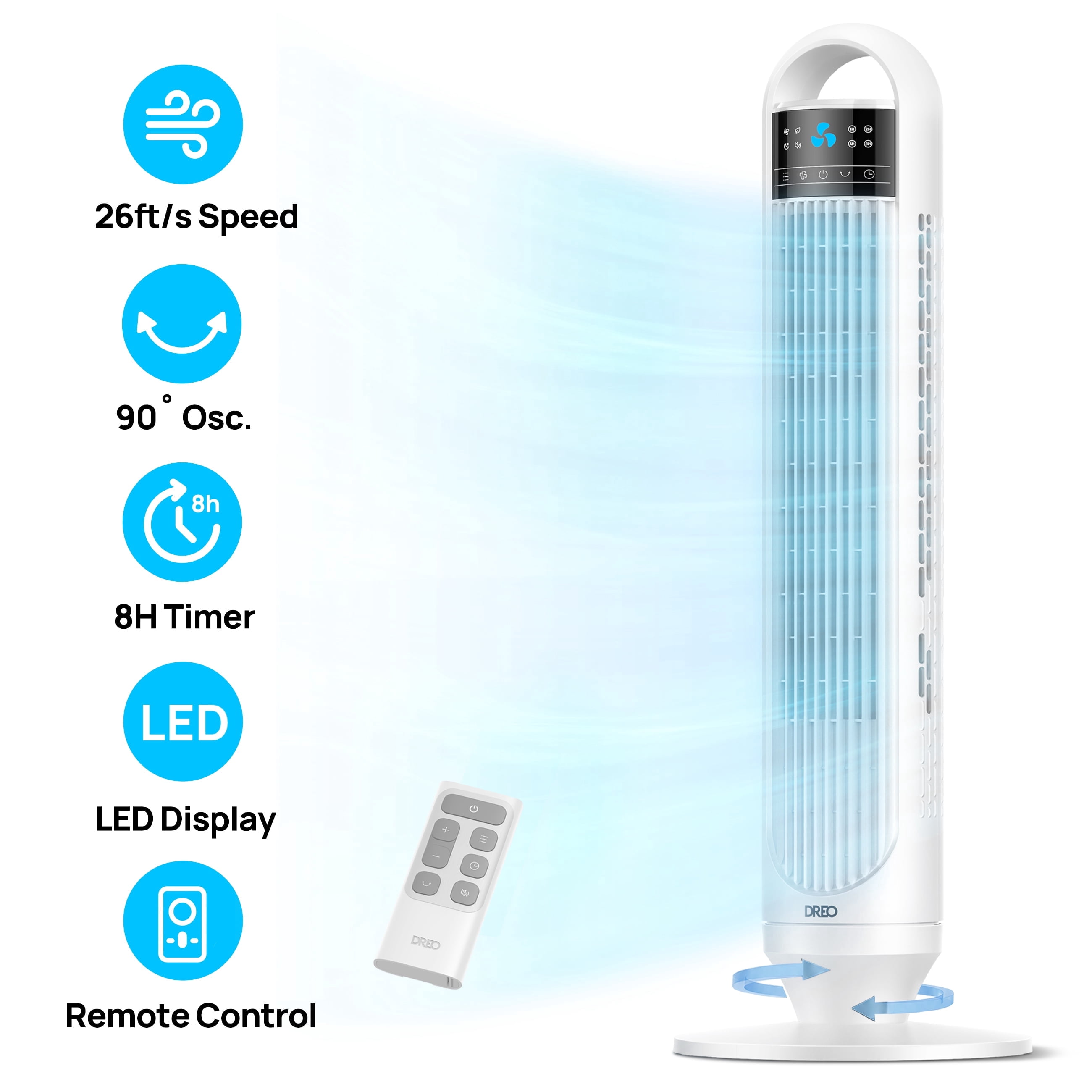 DREO Tower Fans for Home, 32" Standing Floor Fan, 26 Ft/S Bladeless Fan with Remote, 90° Oscillating, 3 Modes, 3 Speeds, LED Display, 8H Timer, 22dB Ultra Quiet Room Fan