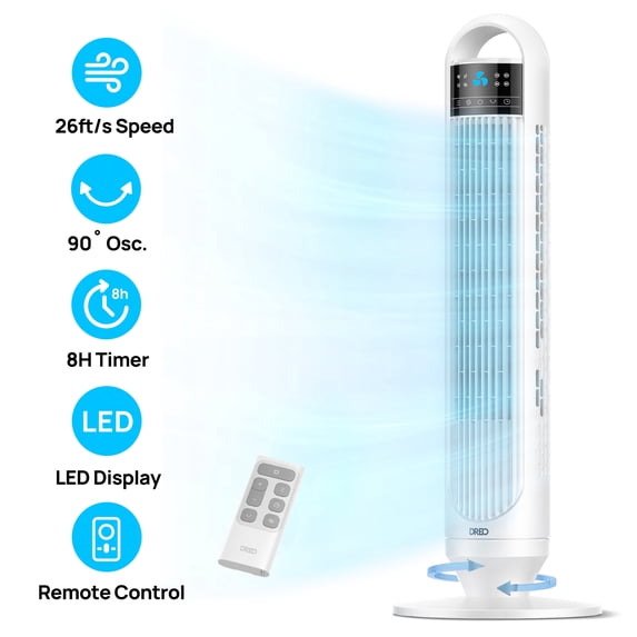 DREO Tower Fans for Home, 32" Standing Floor Fan, 26 Ft/S Bladeless Fan with Remote, 90° Oscillating, 3 Modes, 3 Speeds, LED Display, 8H Timer, 22dB Ultra Quiet Room Fan