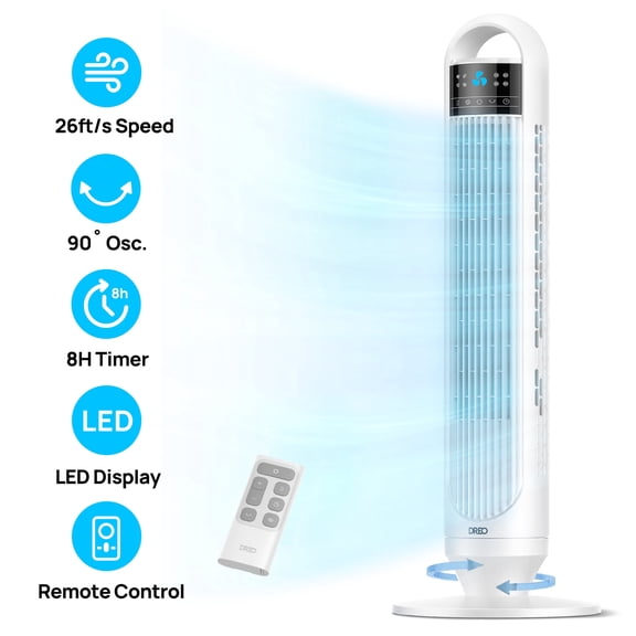 DREO Tower Fans for Home, 32" Standing Floor Fan, 26 Ft/S Bladeless Fan with Remote, 90° Oscillating, 3 Modes, 3 Speeds, LED Display, 8H Timer, 22dB Ultra Quiet Room Fan