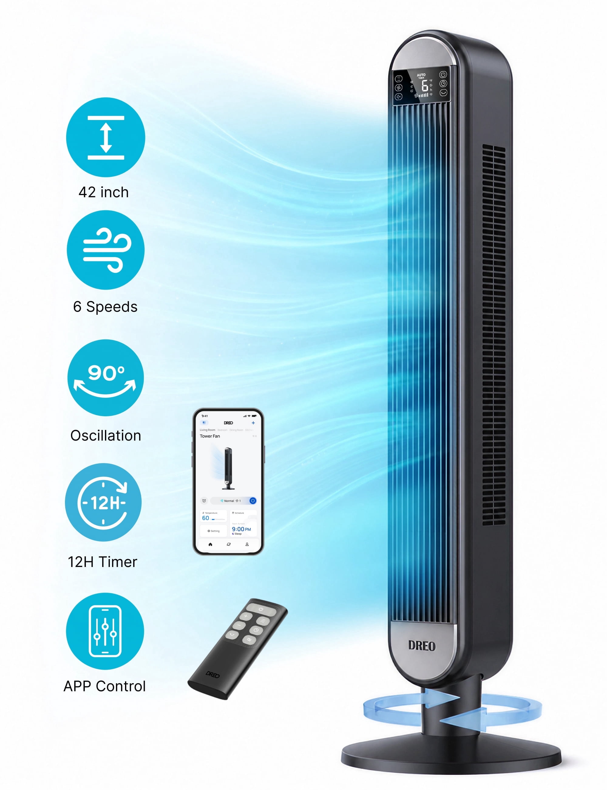 DREO 42" Smart Tower Fan for Home, Standing Bladeless Fan with WiFi Voice Control, 90° Oscillating Fan with LED Display, 12H Timer, 6 Speeds 4 Modes, 25ft/s High Velocity, Ultra Quiet Bedroom Fa