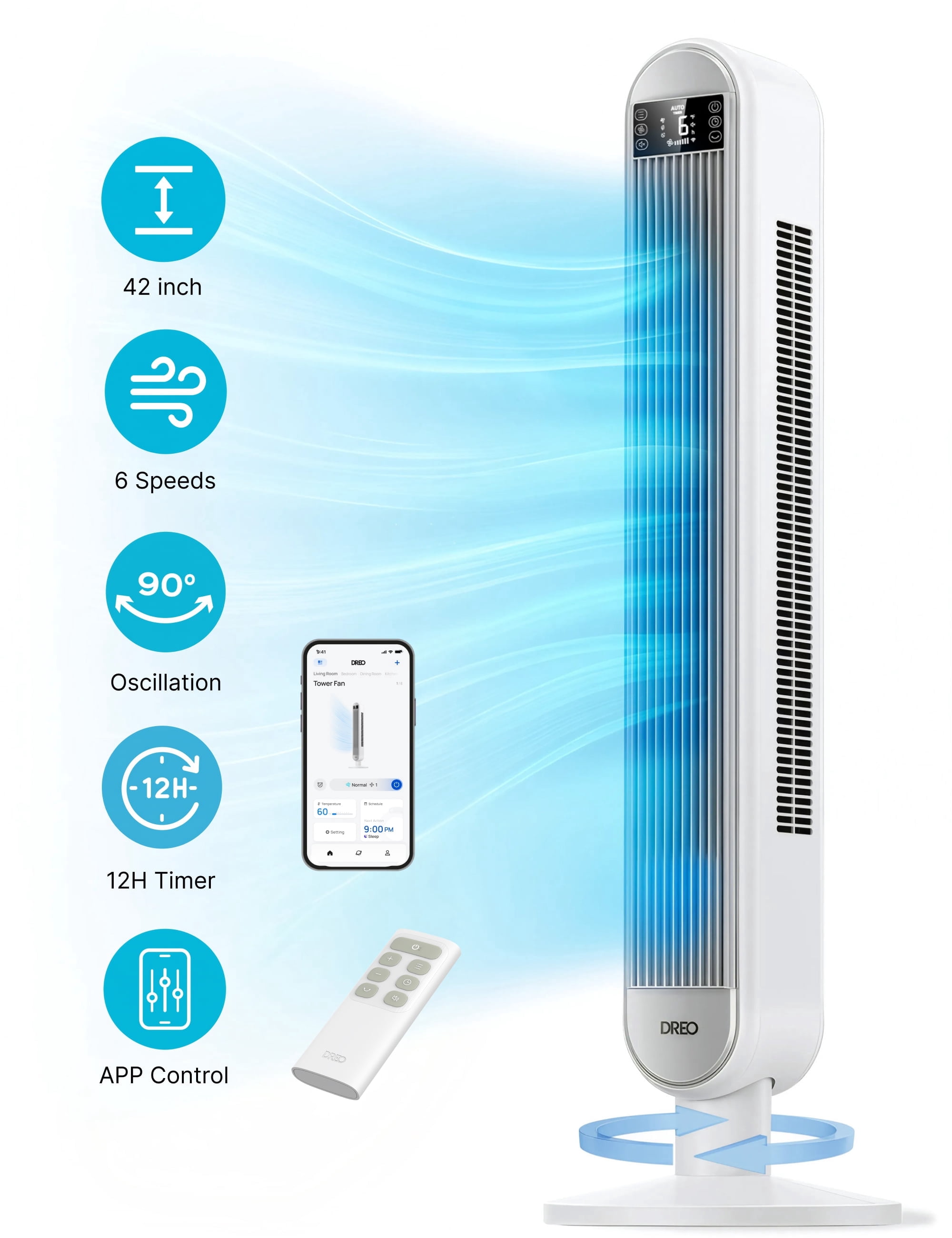 DREO 42" SmartTower Fan for Home, Standing Bladeless Fan with WiFi Voice Control, 90° Oscillating Fan with LED, 12H Timer, 6 Speeds 4 Modes, 25ft/s High Velocity, Ultra Quiet Bedroom Fan, white