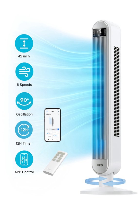 42" SmartTower Fan for Home, Standing Bladeless Fan with WiFi Voice Control, 90° Oscillating Fan with LED, 12H Timer, 6 Speeds 4 Modes, 25ft/s High Velocity, Ultra Quiet Bedroom Fan, white