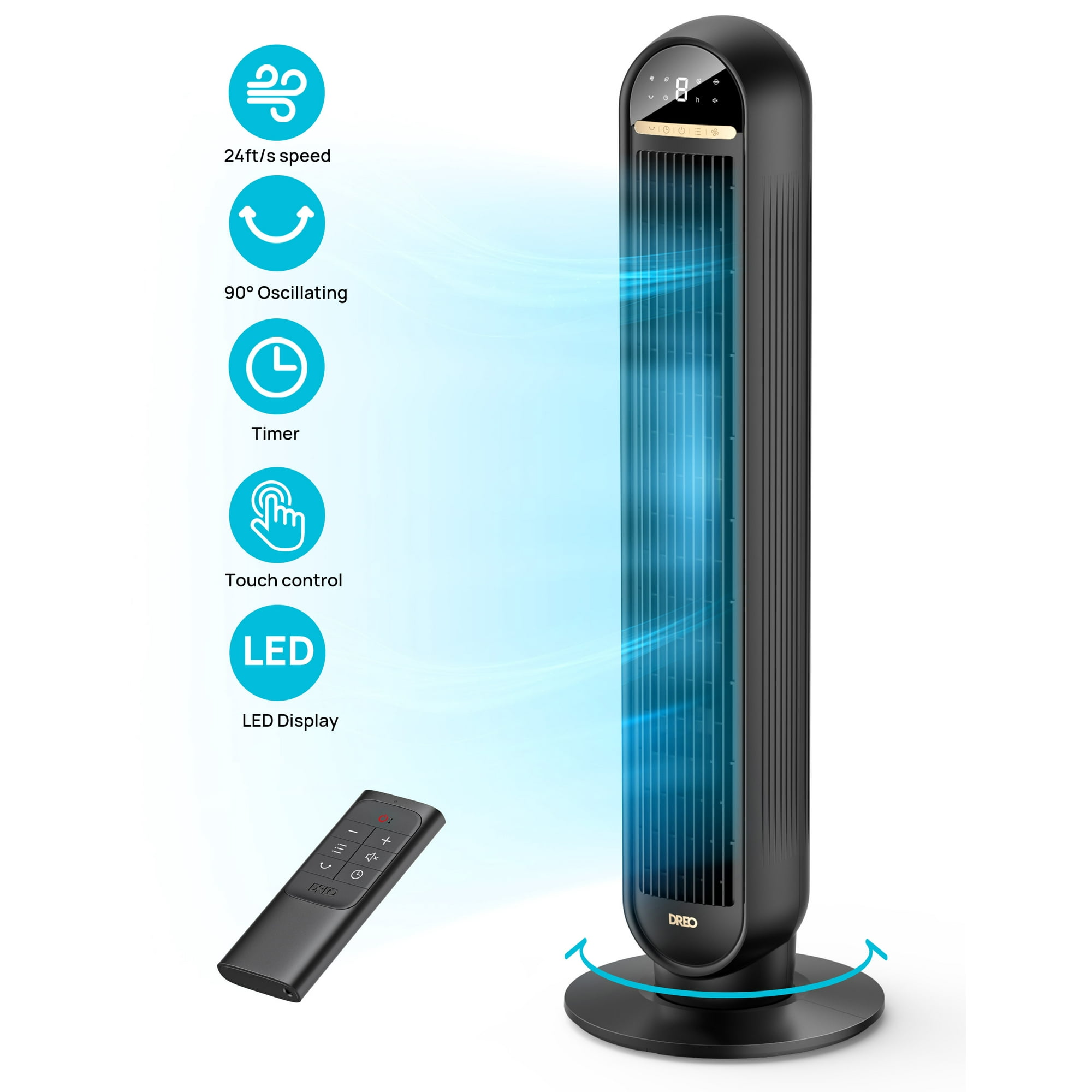 Dreo Tower Fans for Home, 2023 NEW 36" Standing Floor Fan with Remote, 90° Oscillating Fan, 24 ft/s High Velocity, LED Display, 4 Speeds, 4 Modes, 8H Timer, Quiet Bedroom Fan