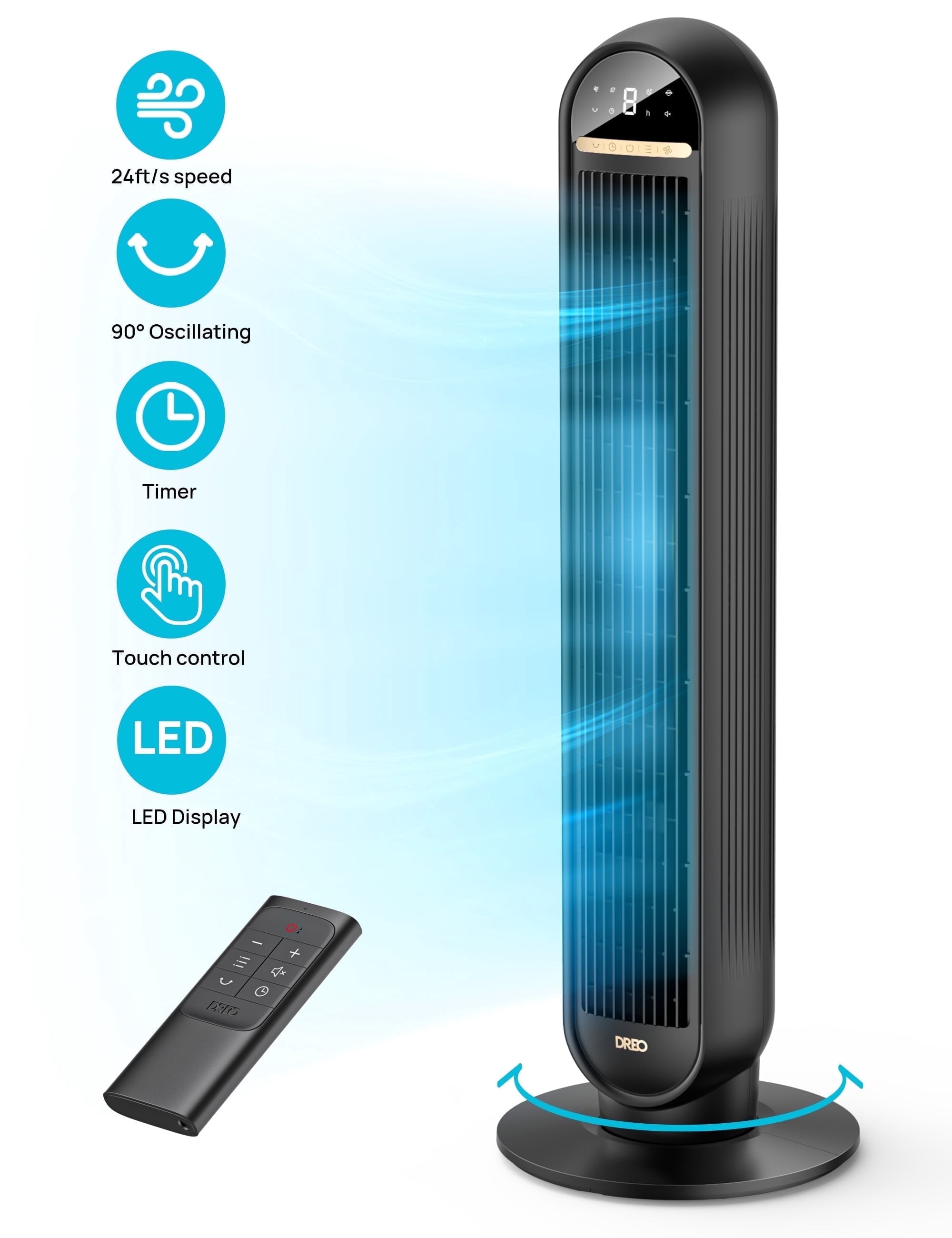 Dreo Tower Fans for Home, 36" Standing Floor Fan with Remote, 90° Oscillating Fan, 24 ft/s High Velocity, LED Display, 4 Speeds, 4 Modes, 8H Timer, Quiet Bedroom Fan - Walmart.com