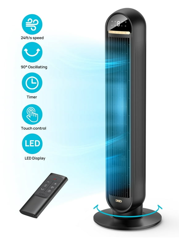 Dreo Tower Fans for Home, 36" Standing Floor Fan with Remote, 90° Oscillating Fan, 24 ft/s High Velocity, LED Display, 4 Speeds, 4 Modes, 8H Timer, Quiet Bedroom Fan