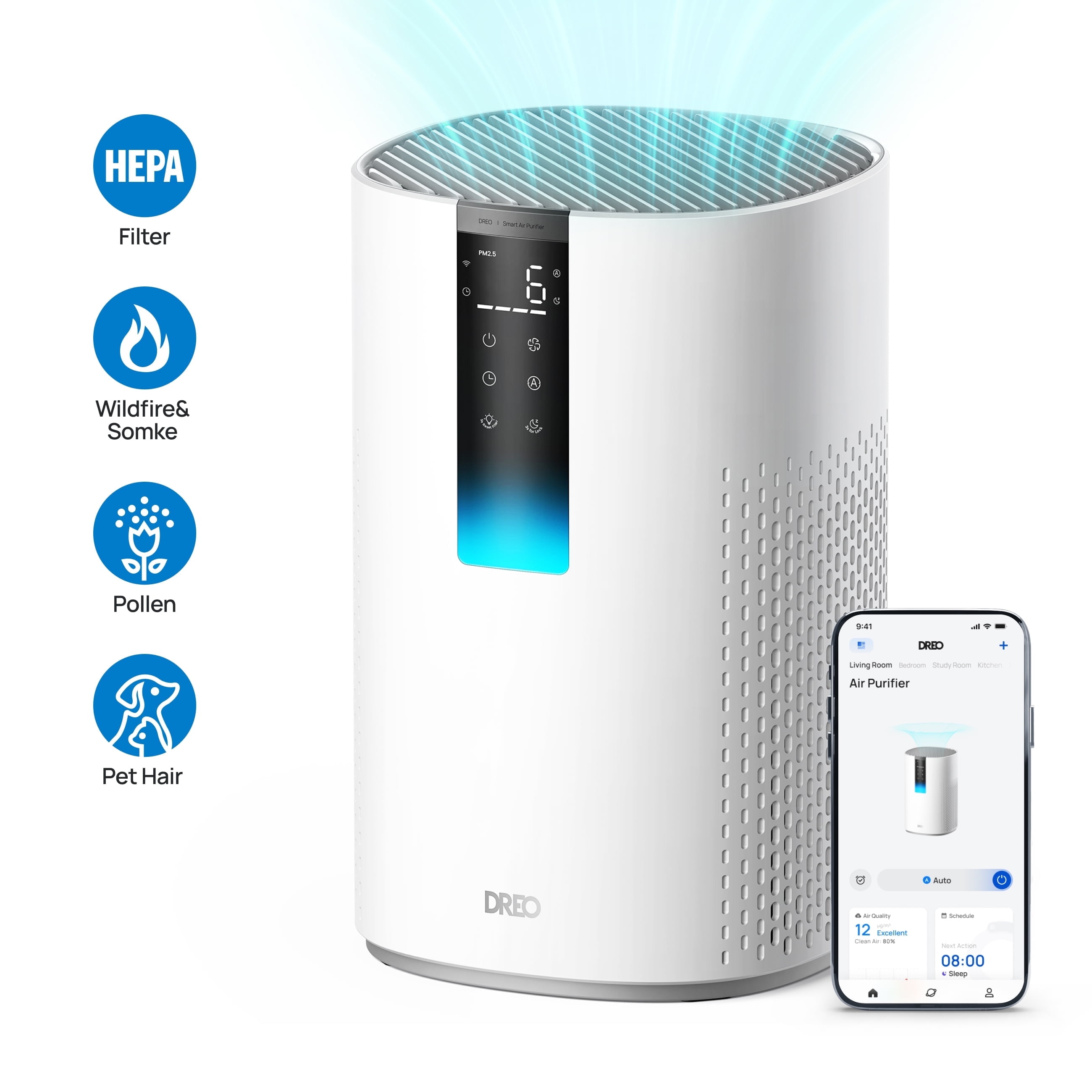 Dreo HEPA Air Purifier for Large Room up to 1600 Sq.ft/2H, Smart Purificador for Allergies and Asthma, Remove 99.97% Pet Hair, 5-Stage Filter with PM2.5 Air Quality Display, 18W DC Motor Energy-Save