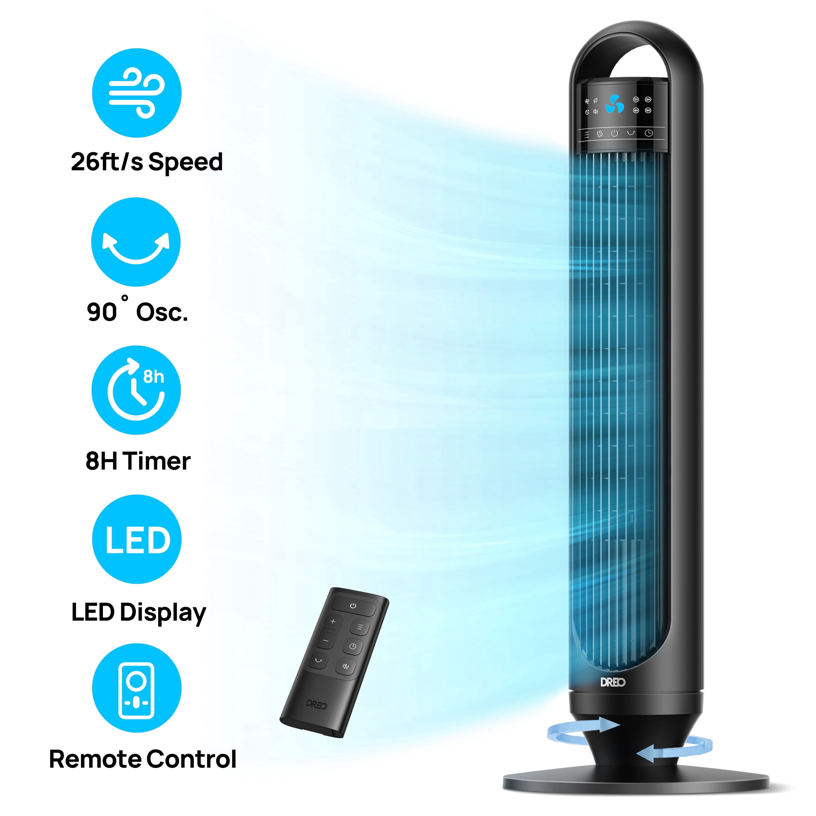 DREO Tower Fans for Home, 32" Standing Floor Fan, 26 ft/S Bladeless Fan with Remote, 90° Oscillating, 3 Modes, 3 Speeds, LED Display, 8H Timer, 22dB Ultra Quiet Room Fan